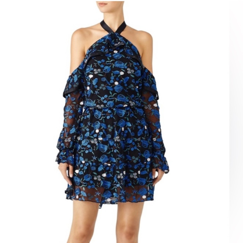 Alexia Admor Blue & Black Embroidered Royal Floral Flutter Sleeve Dress Size 8